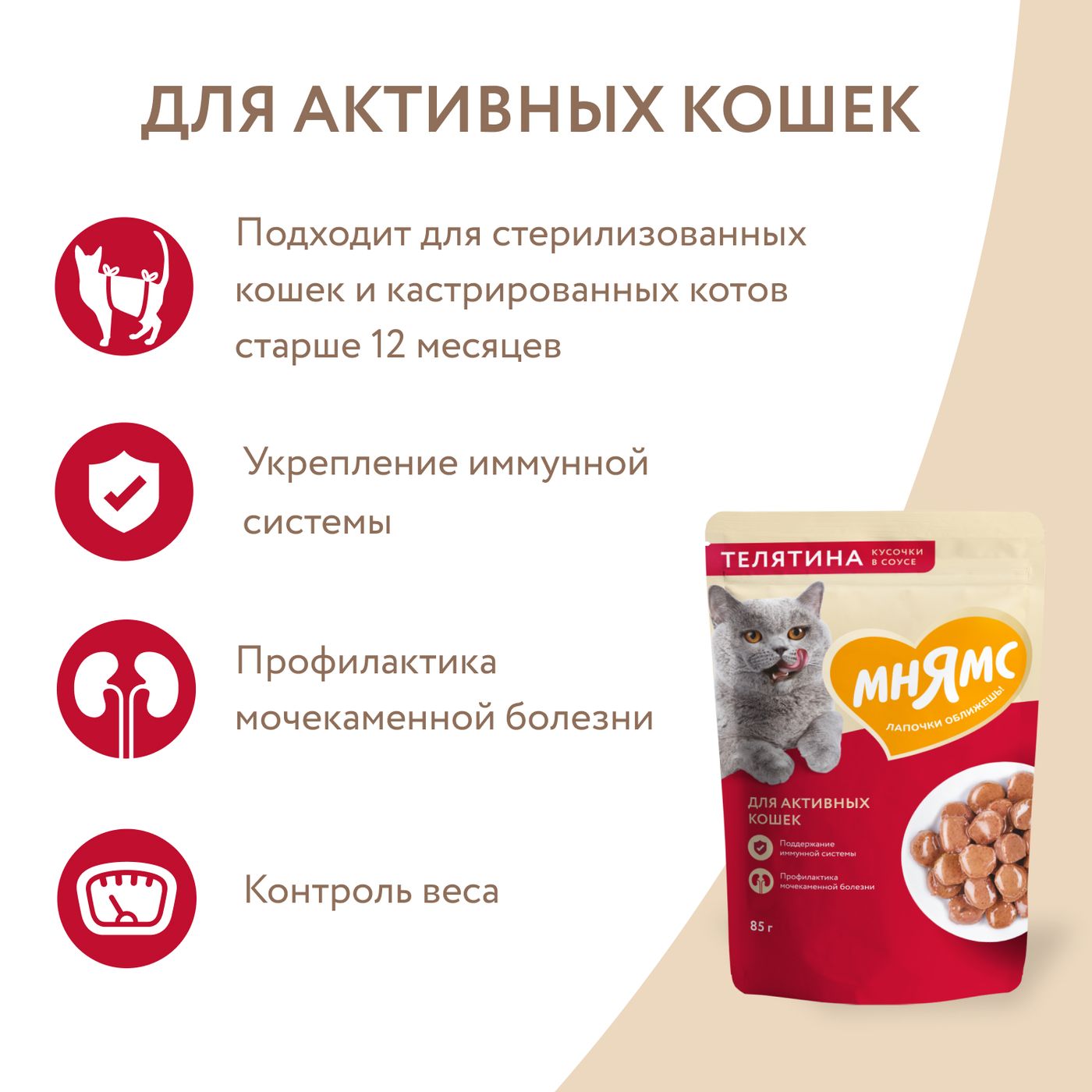 Влажный корм Мнямс На каждый день Кусочки в соусе с телятиной для активных кошек 85 г — фото 5