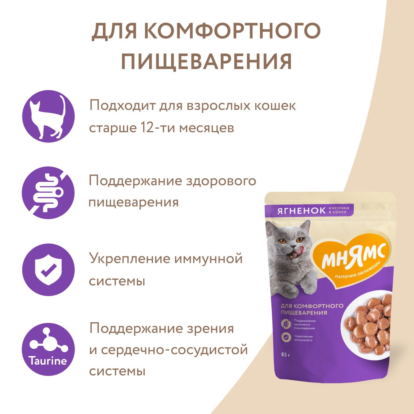 Влажный корм Мнямс На каждый день Кусочки в соусе с ягненком для комфортного пищеварения у кошек 85 г — фото 6