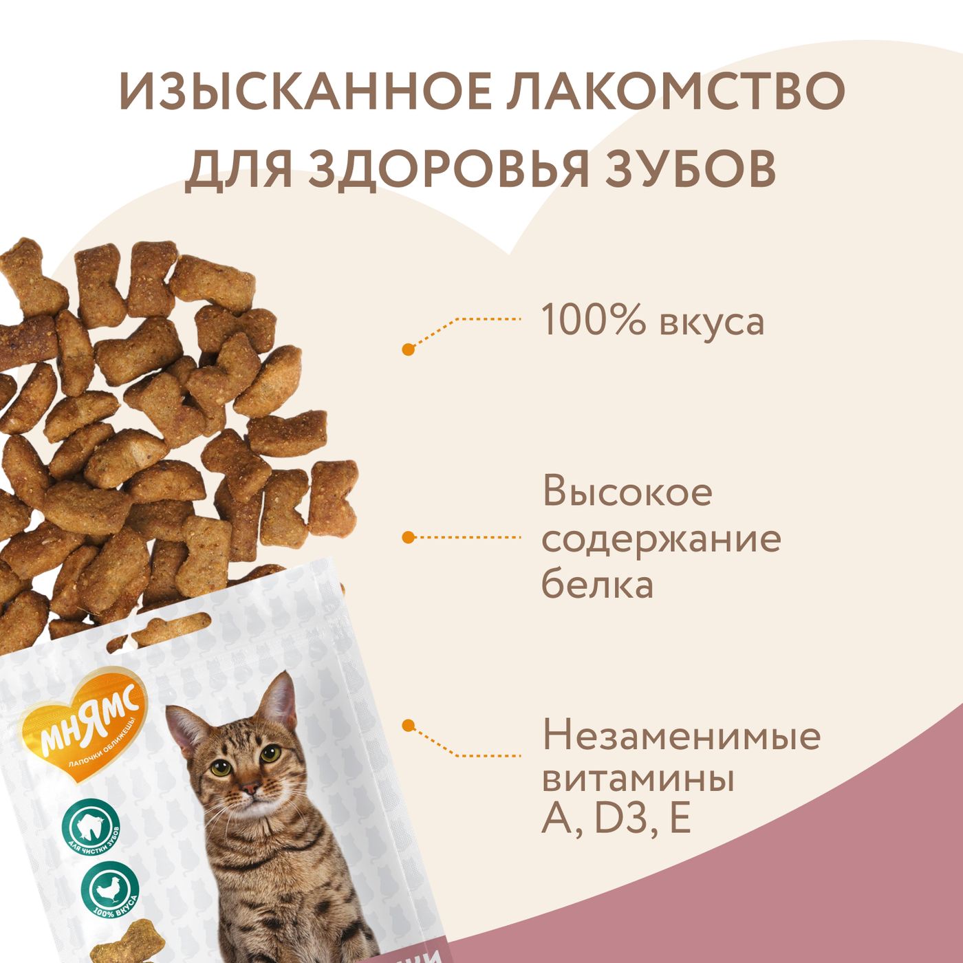 Лакомство Мнямс "Здоровые зубы" хрустящие подушечки для кошек с цыпленком 60 г. — фото 5
