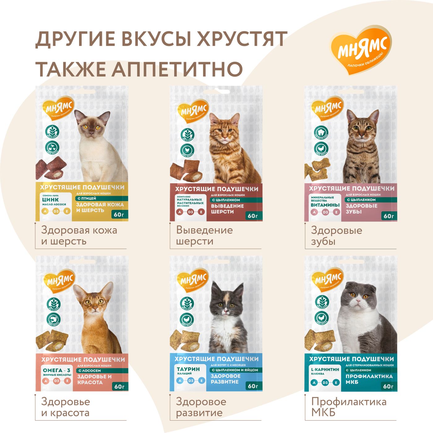 Лакомство Мнямс "Здоровье и активность" хрустящие подушечки для кошек с курицей 60 г. — фото 9