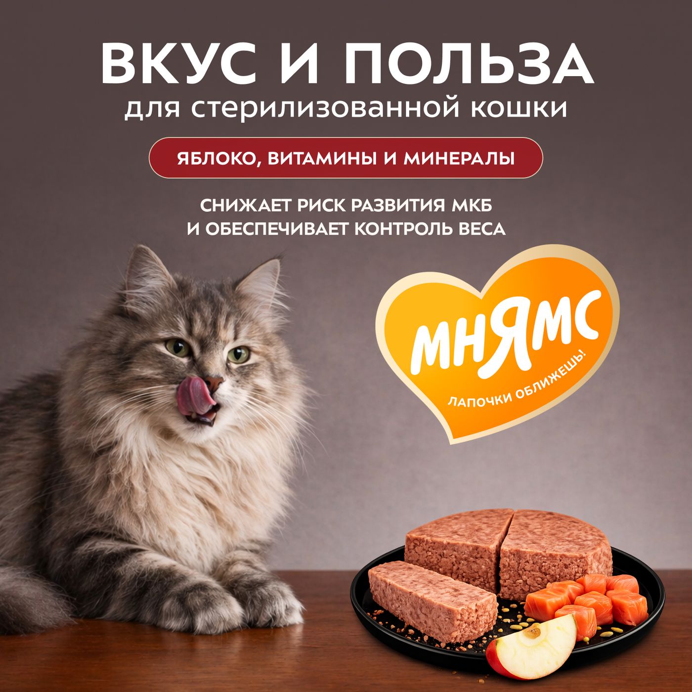 Влажный корм Мнямс Деликатес Лосось с яблоком для стерилизованных кошек "Паштет по-норвежски" 100 г — фото 5