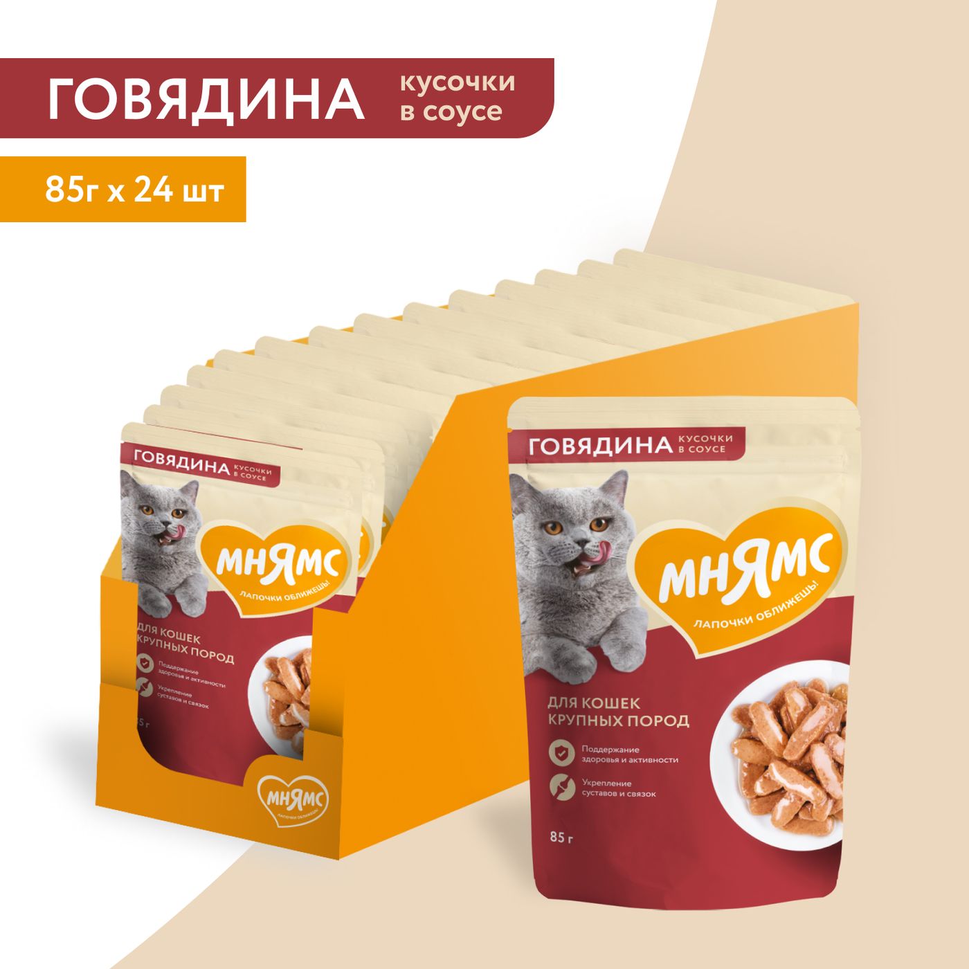 Влажный корм Мнямс На каждый день Кусочки в соусе с говядиной для крупных кошек 85 г — фото 4