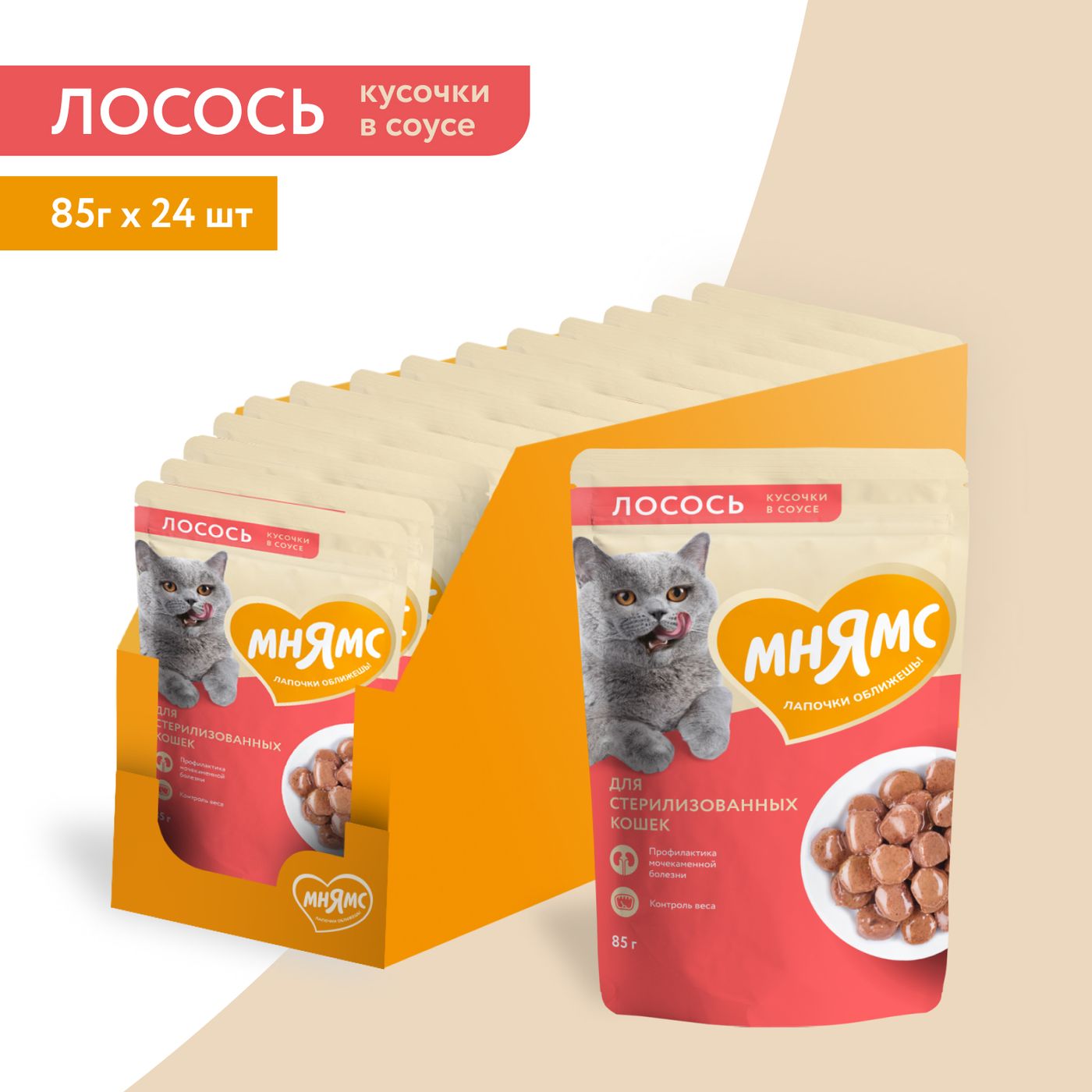 Влажный корм Мнямс На каждый день Кусочки в соусе с лососем для стерилизованных кошек 85 г — фото 4