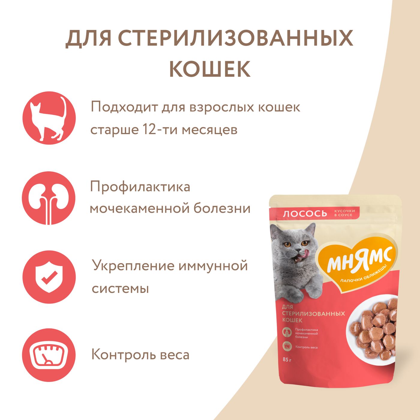 Влажный корм Мнямс На каждый день Кусочки в соусе с лососем для стерилизованных кошек 85 г — фото 6