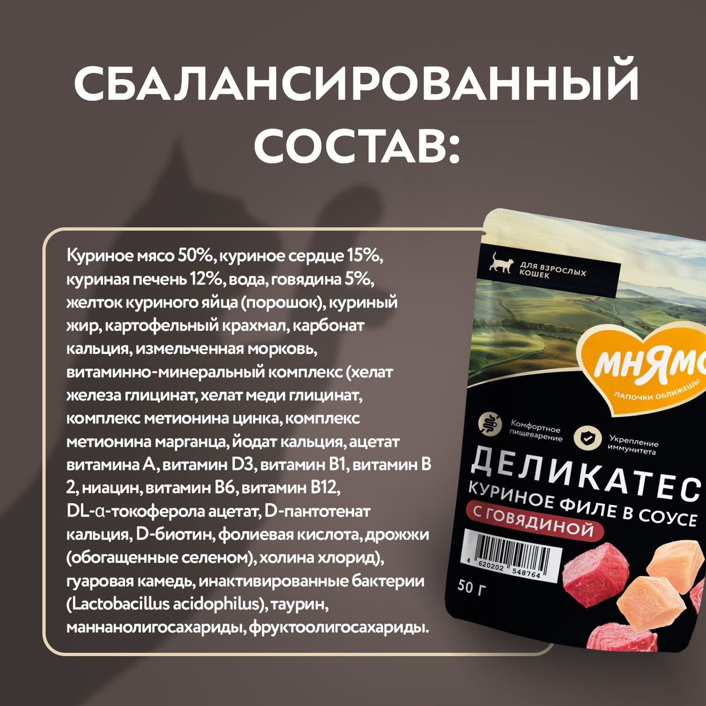 Влажный корм Мнямс Деликатес Куриное филе с говядиной в соусе для кошек 50 г — фото 8