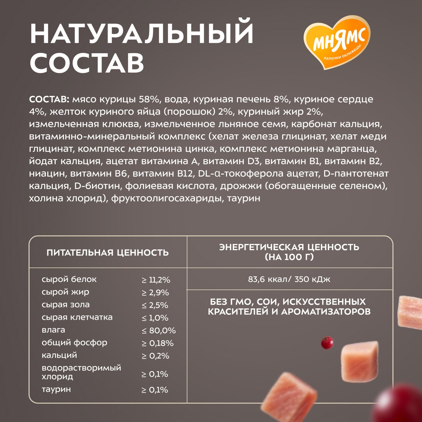 Влажный корм Мнямс Деликатес "Фондан" из мяса курицы с клюквой для стерилизованных кошек 80 г — фото 10