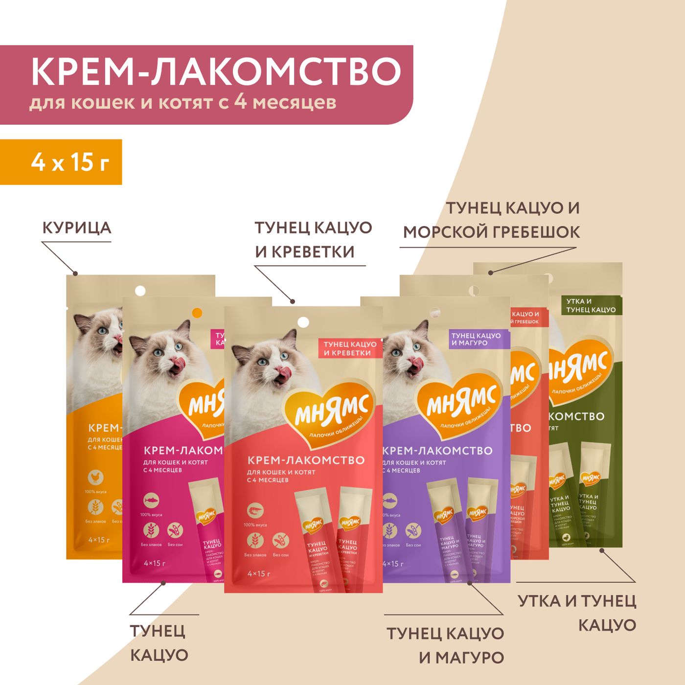 Крем-лакомство Мнямс для кошек с тунцом Кацуо и Магуро 15 г х 4 шт. — фото 10