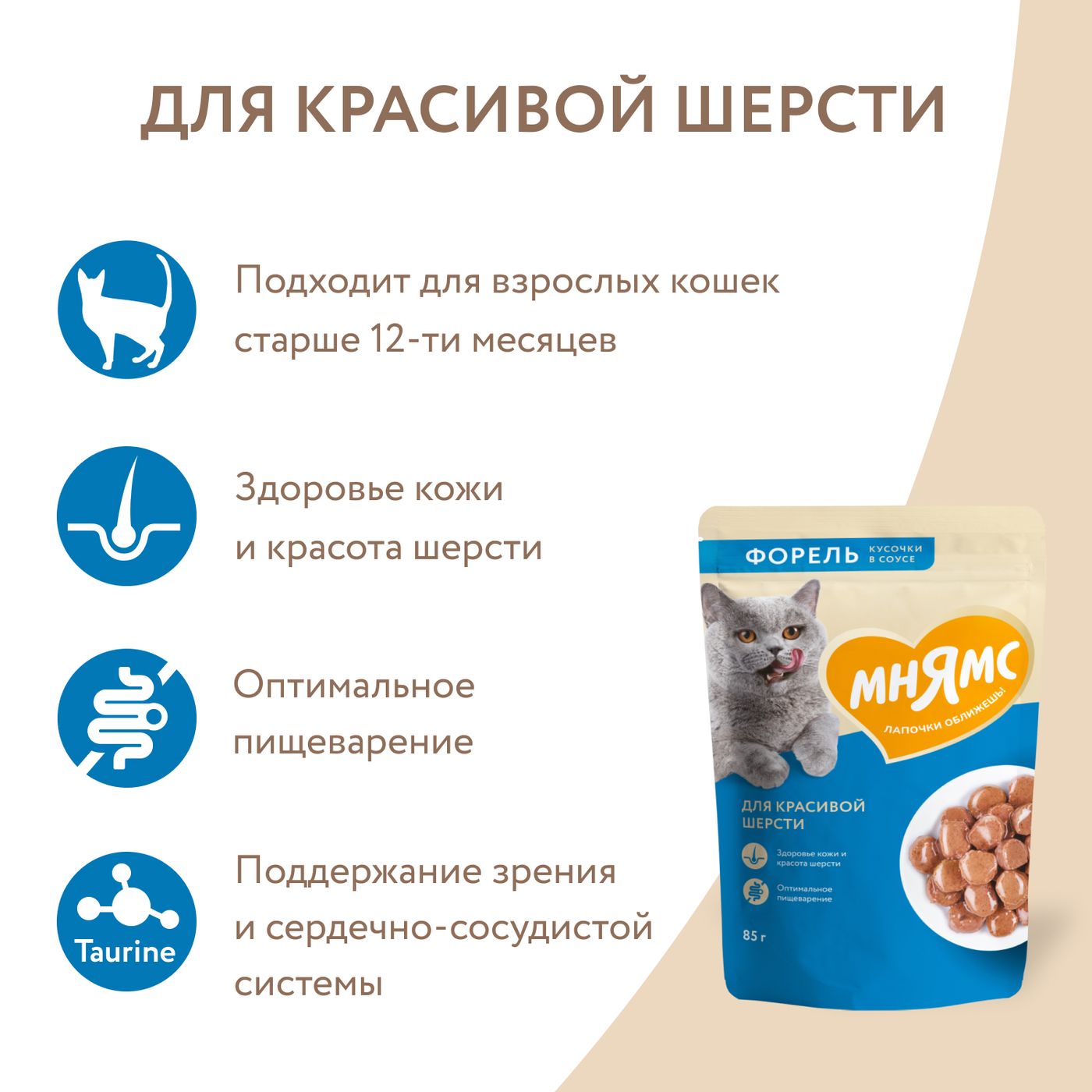 Влажный корм Мнямс На каждый день Кусочки в соусе с форелью для красивой шерсти кошек 85 г — фото 6