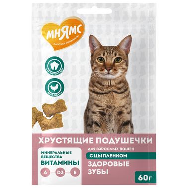 Лакомство Мнямс "Здоровые зубы" хрустящие подушечки для кошек с цыпленком 60 г.