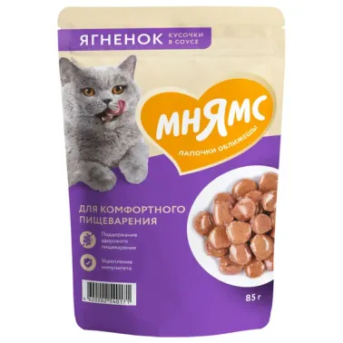 Влажный корм Мнямс На каждый день Кусочки в соусе с ягнёнком для комфортного пищеварения у кошек 85 г
