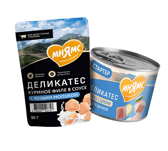 Пауч Мнямс Деликатес с куриным филе в соусе с козьим молоком для котят и консервы Мнямс Деликатес Стартер для щенков