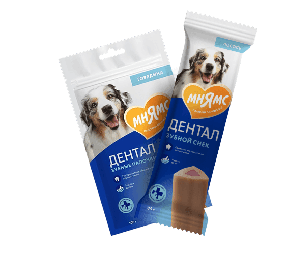 Лакомства Мнямс Дентал для собак: зубные палочки с говядиной и зубной снек с лососем